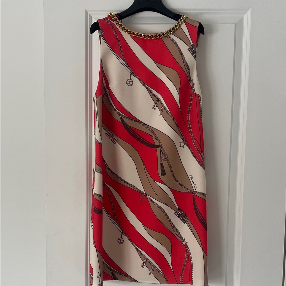 Elisabetta Franchi. Chain-Neckline Mini Dress in Red and Cream